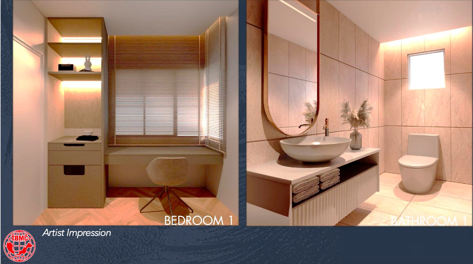 Artist's impressions of a bedroom and bathroom at D'Batik Tuaran