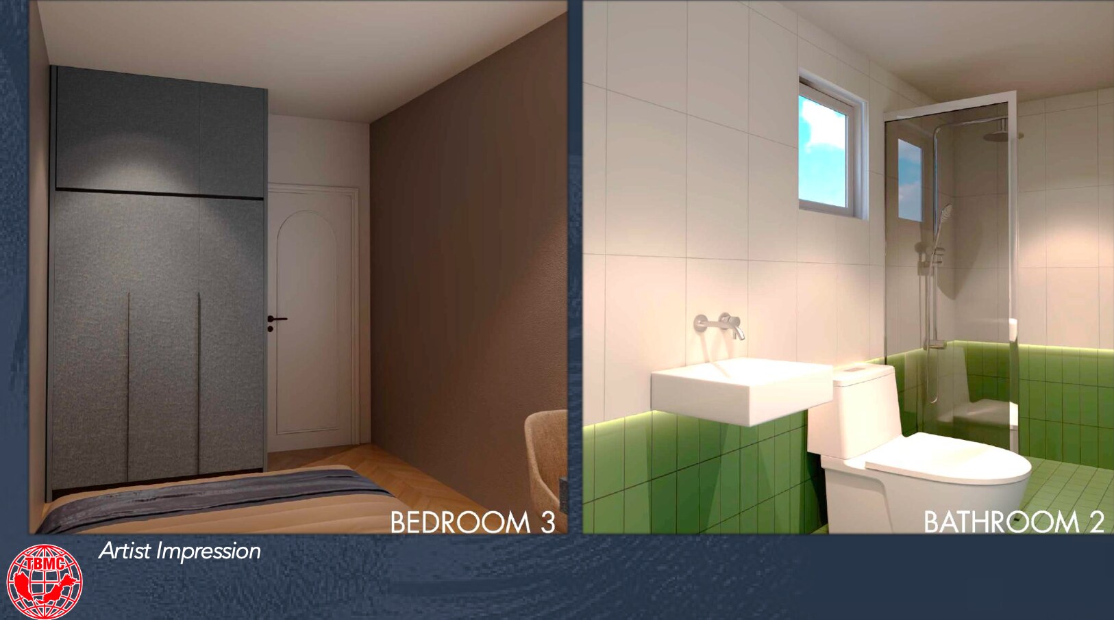 Artist's impressions of a bedroom and bathroom at D'Batik Tuaran